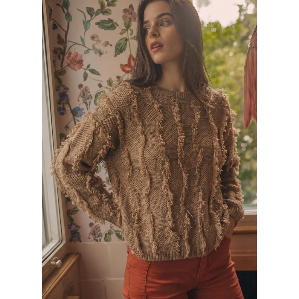 Mainstrip Sweater Womens Small Brown Frayed Fringe Textured Knit